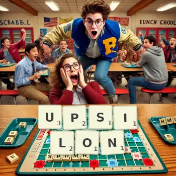 Creative illustration for a Scrabble game with the word UPSILON spelled out in tiles on the board.