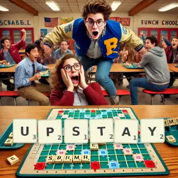 Creative illustration for a Scrabble game with the word UPSTAY spelled out in tiles on the board.