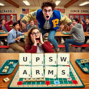 Creative illustration for a Scrabble game with the word UPSWARMS spelled out in tiles on the board.