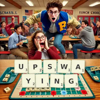 Creative illustration for a Scrabble game with the word UPSWAYING spelled out in tiles on the board.