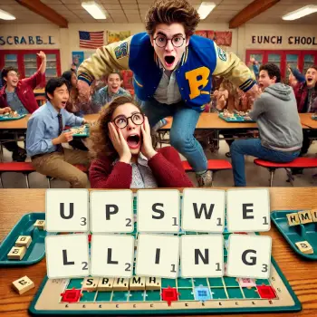 Creative illustration for a Scrabble game with the word UPSWELLING spelled out in tiles on the board.