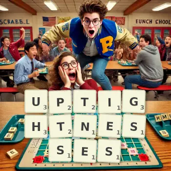 Creative illustration for a Scrabble game with the word UPTIGHTNESSES spelled out in tiles on the board.