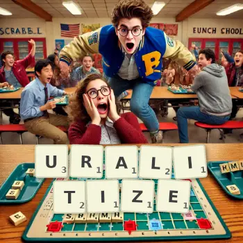 Creative illustration for a Scrabble game with the word URALITIZE spelled out in tiles on the board.