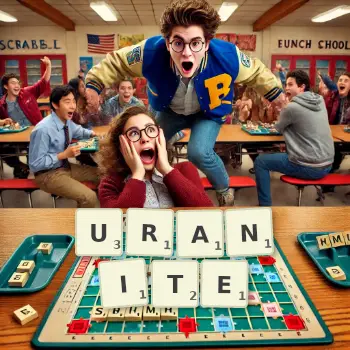 Creative illustration for a Scrabble game with the word URANITE spelled out in tiles on the board.
