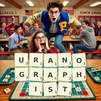Creative illustration for a Scrabble game with the word URANOGRAPHIST spelled out in tiles on the board.