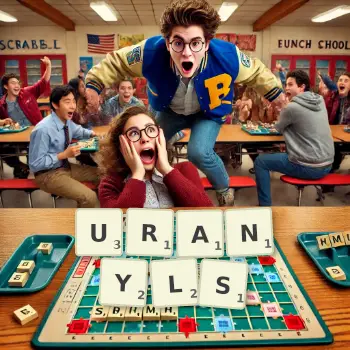 Creative illustration for a Scrabble game with the word URANYLS spelled out in tiles on the board.