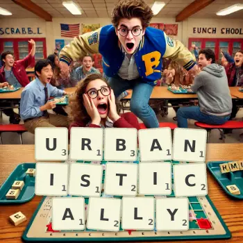 Creative illustration for a Scrabble game with the word URBANISTICALLY spelled out in tiles on the board.
