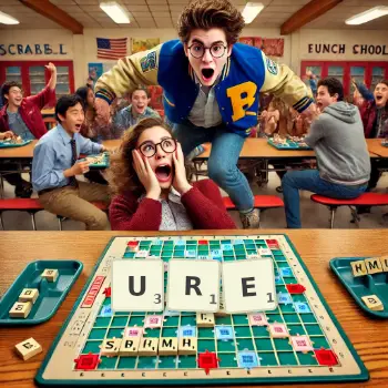 Creative illustration for a Scrabble game with the word URE spelled out in tiles on the board.
