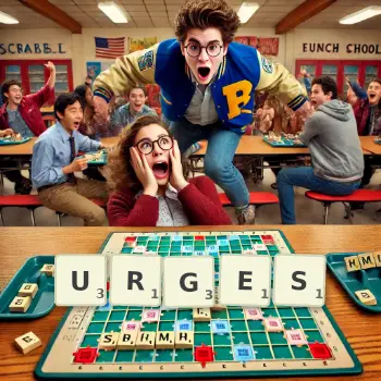 Creative illustration for a Scrabble game with the word URGES spelled out in tiles on the board.