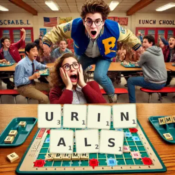 Creative illustration for a Scrabble game with the word URINALS spelled out in tiles on the board.