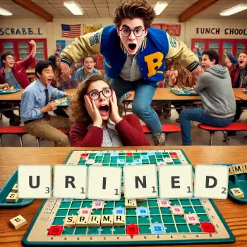 Creative illustration for a Scrabble game with the word URINED spelled out in tiles on the board.