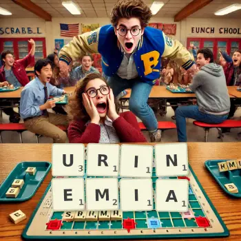 Creative illustration for a Scrabble game with the word URINEMIA spelled out in tiles on the board.