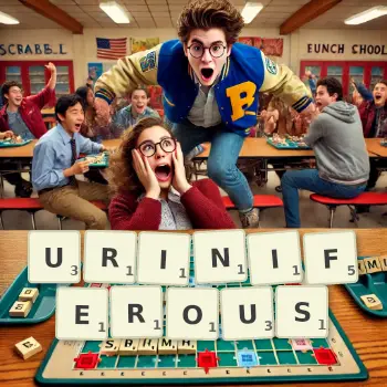 Creative illustration for a Scrabble game with the word URINIFEROUS spelled out in tiles on the board.