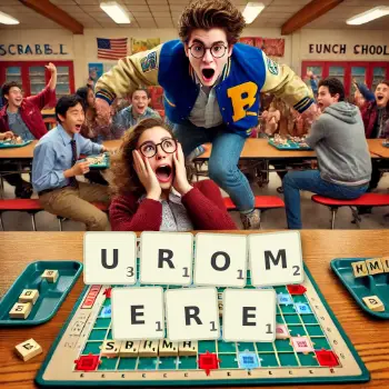 Creative illustration for a Scrabble game with the word UROMERE spelled out in tiles on the board.