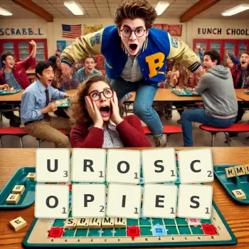 Creative illustration for a Scrabble game with the word UROSCOPIES spelled out in tiles on the board.