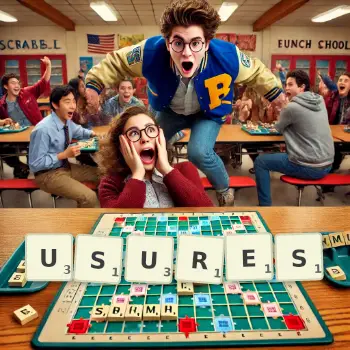 Creative illustration for a Scrabble game with the word USURES spelled out in tiles on the board.