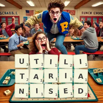 Creative illustration for a Scrabble game with the word UTILITARIANISED spelled out in tiles on the board.