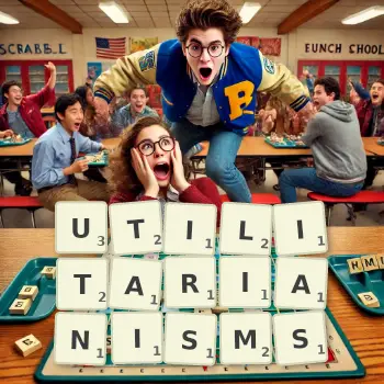Creative illustration for a Scrabble game with the word UTILITARIANISMS spelled out in tiles on the board.