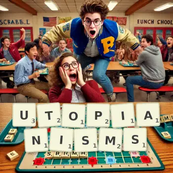 Creative illustration for a Scrabble game with the word UTOPIANISMS spelled out in tiles on the board.