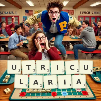 Creative illustration for a Scrabble game with the word UTRICULARIA spelled out in tiles on the board.