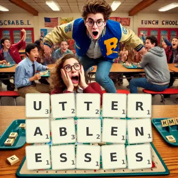 Creative illustration for a Scrabble game with the word UTTERABLENESSES spelled out in tiles on the board.