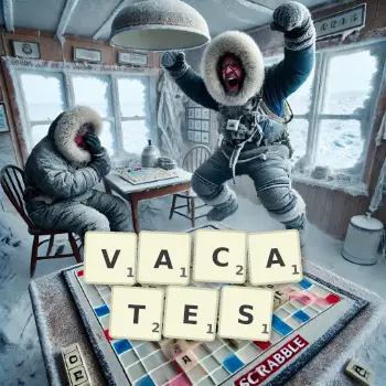 Creative illustration for a Scrabble game with the word VACATES spelled out in tiles on the board.