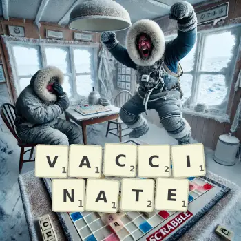Creative illustration for a Scrabble game with the word VACCINATE spelled out in tiles on the board.