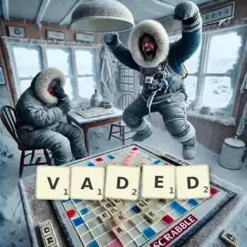Creative illustration for a Scrabble game with the word VADED spelled out in tiles on the board.