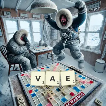 Creative illustration for a Scrabble game with the word VAE spelled out in tiles on the board.