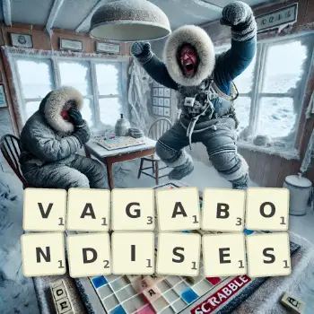 Creative illustration for a Scrabble game with the word VAGABONDISES spelled out in tiles on the board.