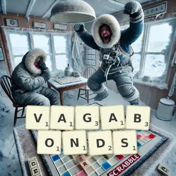 Creative illustration for a Scrabble game with the word VAGABONDS spelled out in tiles on the board.