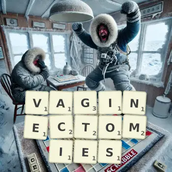 Creative illustration for a Scrabble game with the word VAGINECTOMIES spelled out in tiles on the board.