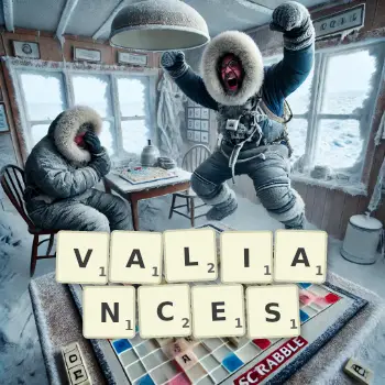 Creative illustration for a Scrabble game with the word VALIANCES spelled out in tiles on the board.