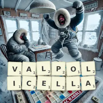Creative illustration for a Scrabble game with the word VALPOLICELLA spelled out in tiles on the board.
