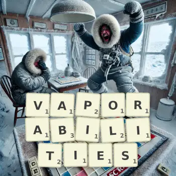 Creative illustration for a Scrabble game with the word VAPORABILITIES spelled out in tiles on the board.