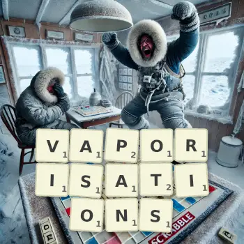 Creative illustration for a Scrabble game with the word VAPORISATIONS spelled out in tiles on the board.