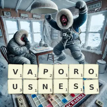 Creative illustration for a Scrabble game with the word VAPOROUSNESS spelled out in tiles on the board.