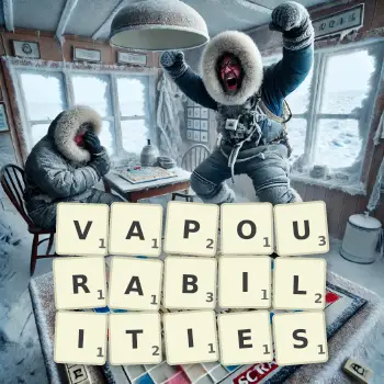 Creative illustration for a Scrabble game with the word VAPOURABILITIES spelled out in tiles on the board.