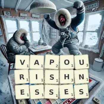 Creative illustration for a Scrabble game with the word VAPOURISHNESSES spelled out in tiles on the board.