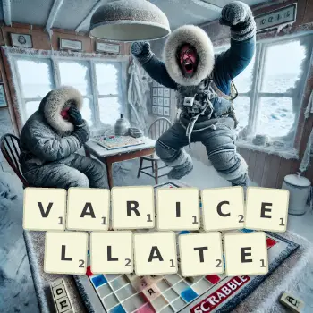 Creative illustration for a Scrabble game with the word VARICELLATE spelled out in tiles on the board.