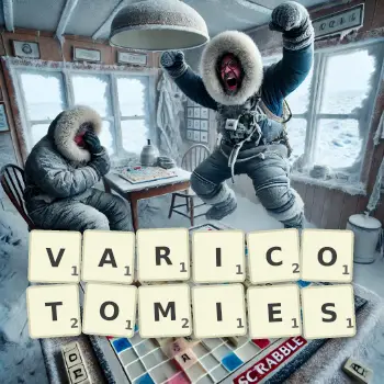 Creative illustration for a Scrabble game with the word VARICOTOMIES spelled out in tiles on the board.