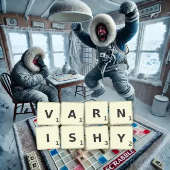 Creative illustration for a Scrabble game with the word VARNISHY spelled out in tiles on the board.