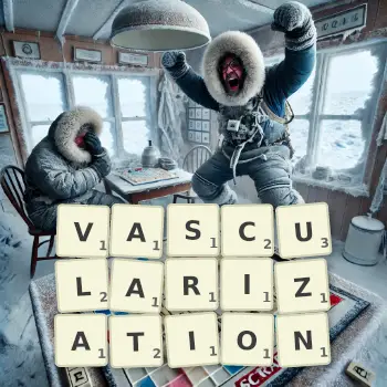 Creative illustration for a Scrabble game with the word VASCULARIZATION spelled out in tiles on the board.