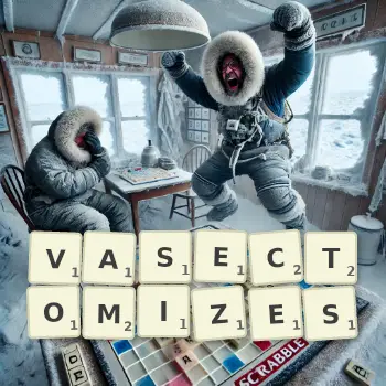Creative illustration for a Scrabble game with the word VASECTOMIZES spelled out in tiles on the board.