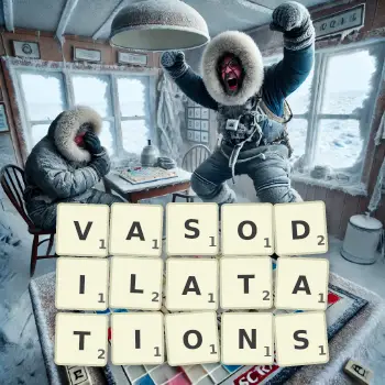 Creative illustration for a Scrabble game with the word VASODILATATIONS spelled out in tiles on the board.