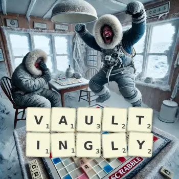 Creative illustration for a Scrabble game with the word VAULTINGLY spelled out in tiles on the board.
