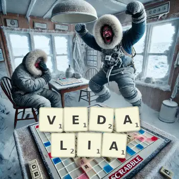 Creative illustration for a Scrabble game with the word VEDALIA spelled out in tiles on the board.