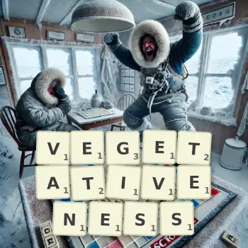 Creative illustration for a Scrabble game with the word VEGETATIVENESS spelled out in tiles on the board.