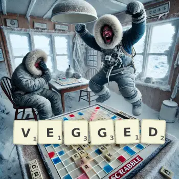 Creative illustration for a Scrabble game with the word VEGGED spelled out in tiles on the board.