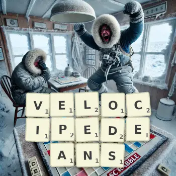 Creative illustration for a Scrabble game with the word VELOCIPEDEANS spelled out in tiles on the board.